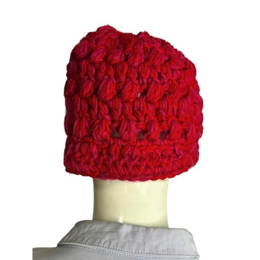 Handmade Red Pink Chunky Knit Beanie Textured Bobble Stitch Winter Hat - Picture 4 of 4